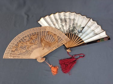 2 Vintage Asian Fans -Multi-Colored and Sandalwood