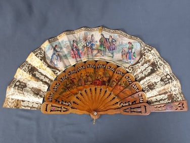 19th Century Hand-Colored Wooden Fan -Persian Scene - Gold Embossed Accents