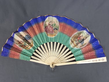 Antique Early 19th Century Hand Colored Fan -Multicolor