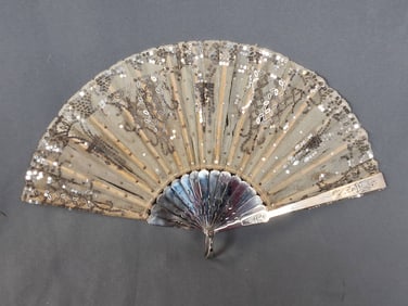 19th Century Silk Organza And Stainless Steel Fan -Creme Silver Tone