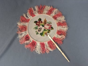19th Century Fixed Embroidered Fire Screen -Floral Design