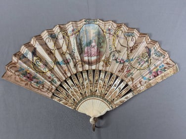 Antique Silk Hand Painted Folding Fan - Ribbon Embroidery and Gold Spangles