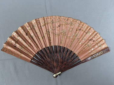 Antique Silk Folding Fan - Metallic Spangles and Carved Wooden guards