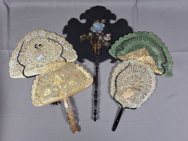 5 Antique Fixed Fans - Black Paper Mache Face Screen and Pierced Vellum Fans