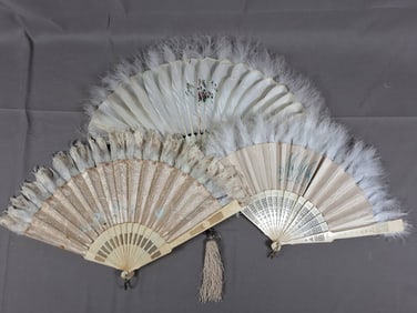 3 Antique Feather Trimmed Folding Fans