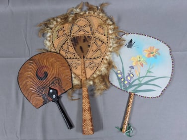 3 Antique Fixed Fans -Korean Hand Painted and more
