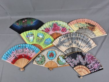 8 Vintage Hand Painted Folding Fans - Nature Scenes