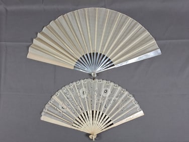 2 Antique Lace Trimmed Silk Folding Fans