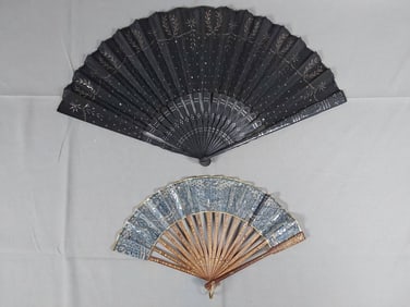 Antique Silk Fans Model Small Blue and Large Black - Metallic Spangles