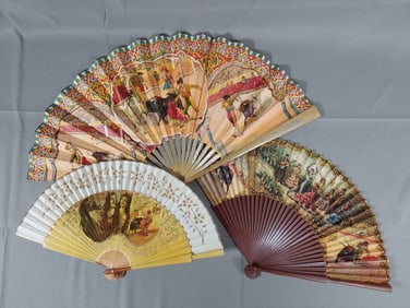 3 Vintage Spanish Fans Depicting Matadors and Dancing