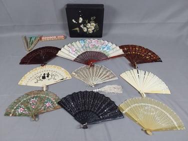 Collection of 10 Vintage and Antique Fans Including Silk, Celluloid, and Paper Models