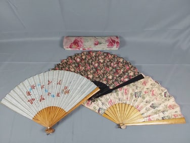 3 Fabric Folding Fans - Wood Guards and Ribs, Floral Print and Painted Designs