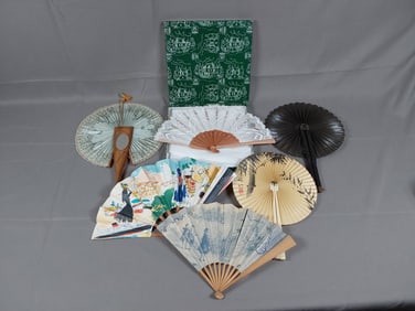 6 Miscellaneous Fans, Including Lace, French Souvenir, and Cockade Fans