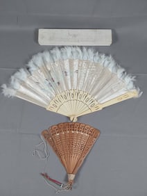 Antique Silk Fan - Marabou Trim and Carved Bone Guards, Includes Box and Damaged Wooden Fan