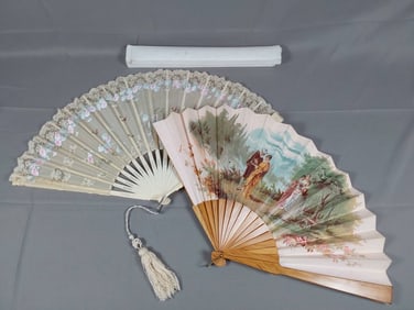 2 Antique Folding Fans: Large Silk Fan and more