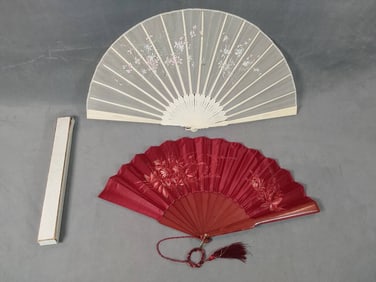 2 Silk Antique Folding Fans - Hand-Painting