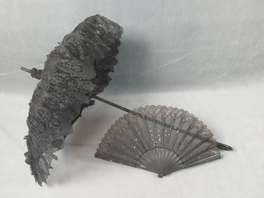 2 Victorian Mourning Accessories, Antique Black Lace Folding Parasol and Silk Fan