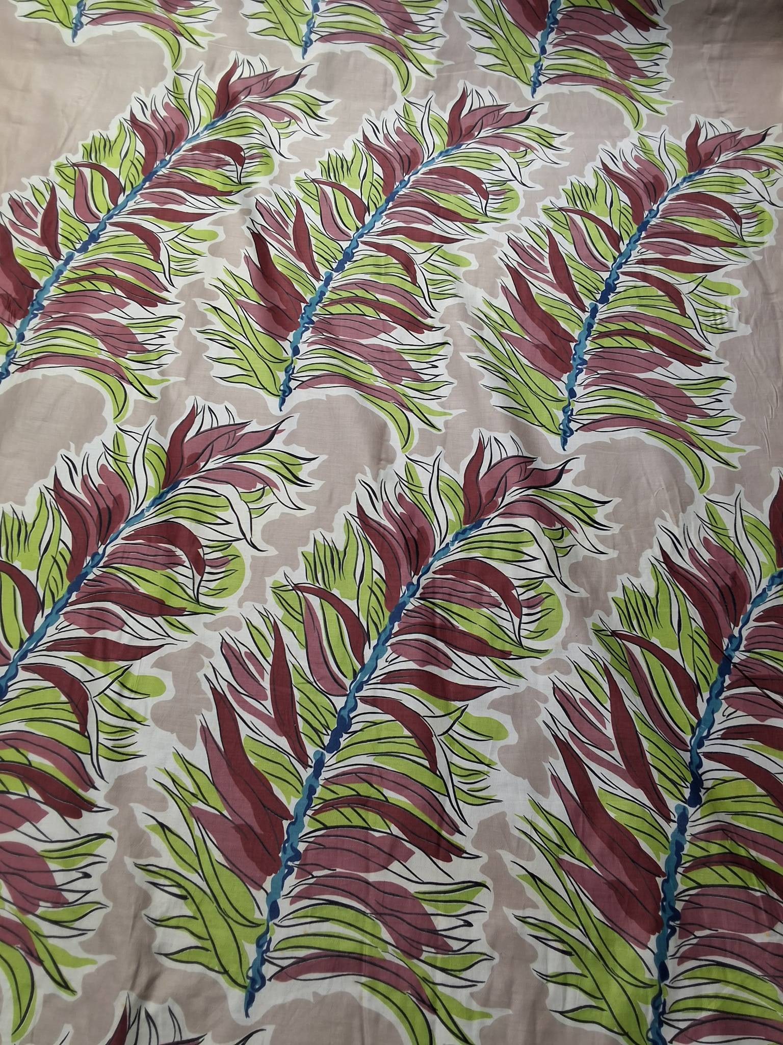 A Waverly Bonded Fabric - Original - Conde - Ferns: Vintage cotton home decor fabric measuring 37in by 640in, featuring a pinkish beige background with maroon and lime green stylized fern designs. The fabric incorporates shades of maroon, green, and wh