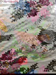 A Kandall Design - Autumn Harvest: Vintage cotton fabric measuring 35.5" by 344.25" depicting an autumn harvest scene. Features a cream background with colorful turkeys, Indian corn, wheat, apples, grapes, and oak leaves with acorns. T
