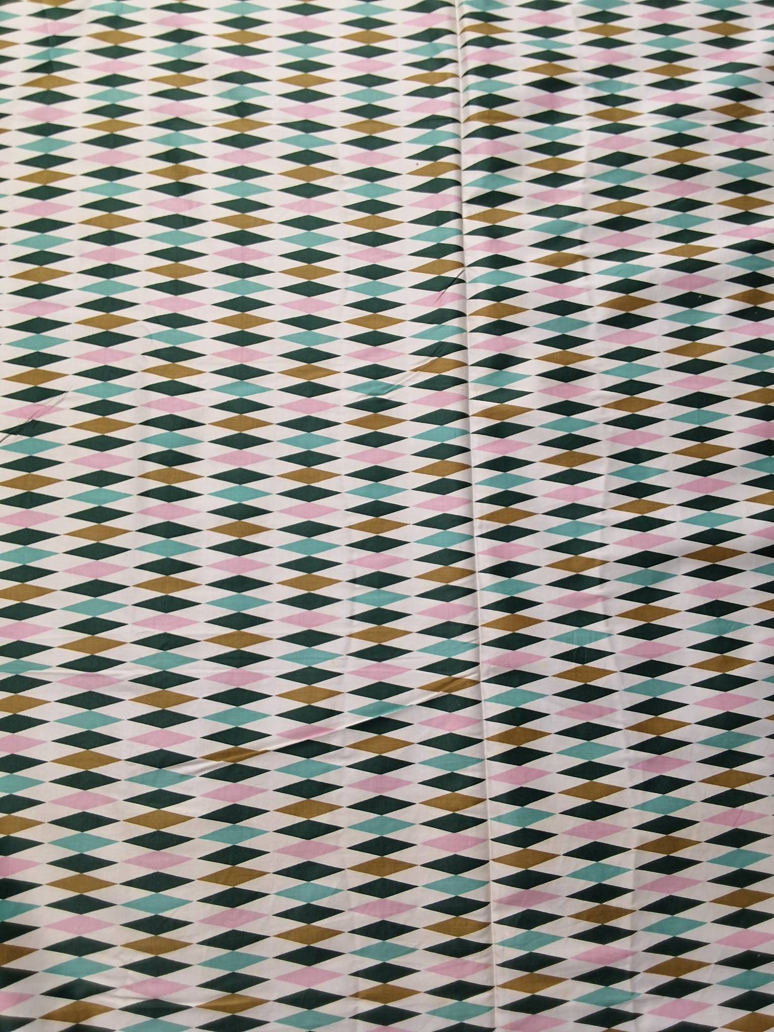 Vintage Waverly Bonded Fabric - Diamonds: Lot featuring two pieces of vintage Waverly Bonded Glosheen fabric, measuring 36.5"x102" and 36.5"x50". Made of linen with a background featuring a pattern of pink, dark green, and mint green diamonds