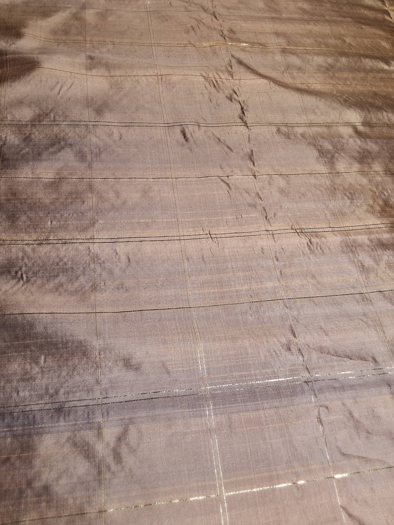 Vintage Fabric - Champagne Blush: Two pieces of vintage fabric measuring 48inx425in and 48inx120in. The fabric features a shiny and sheer champagne blush background with gold threading forming 5inx5.5in rectangles. It is in good condi