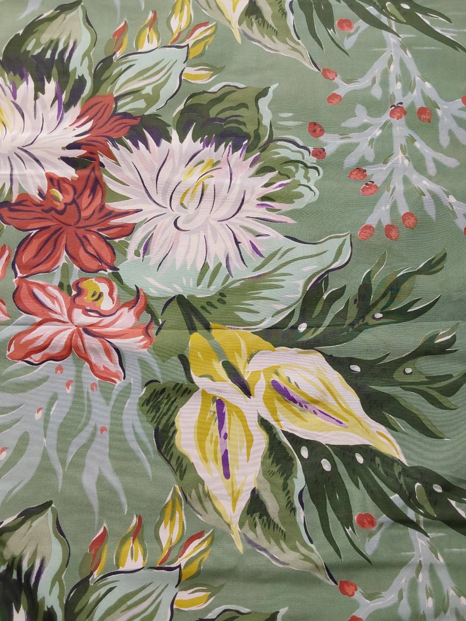 Vintage Fabric - Sage Green Sarasota: Lot includes two pieces of vintage floral fabric with a sage green background and large repeating patterns of mustard peace lilies with purple stamens, white mums, and terracotta daffodils. There are 