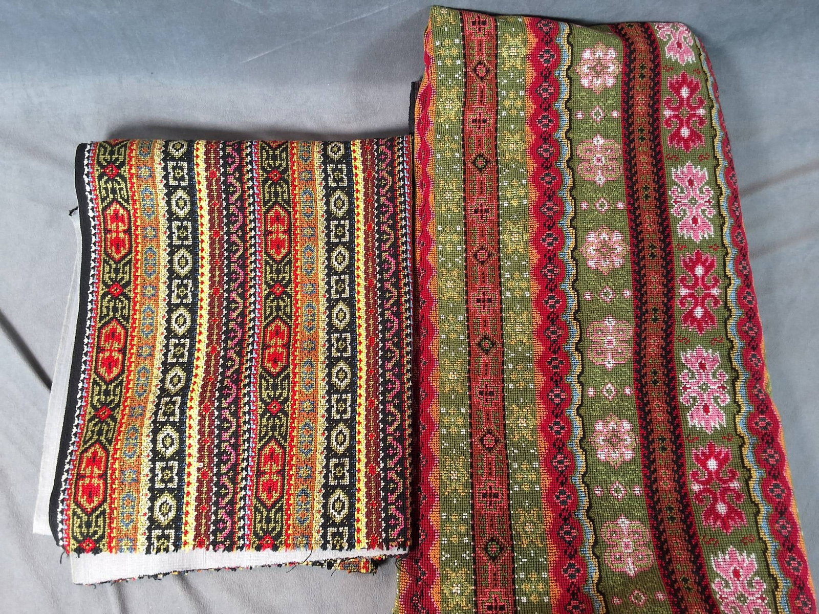 Vintage Cotton Fabric - Geometrics and Florals: Two pieces of vintage cotton fabric with flat weave and colorful geometric designs possibly originating from Central or Southwest Asia. The first piece measures 35in by 36in, with an added section of 
