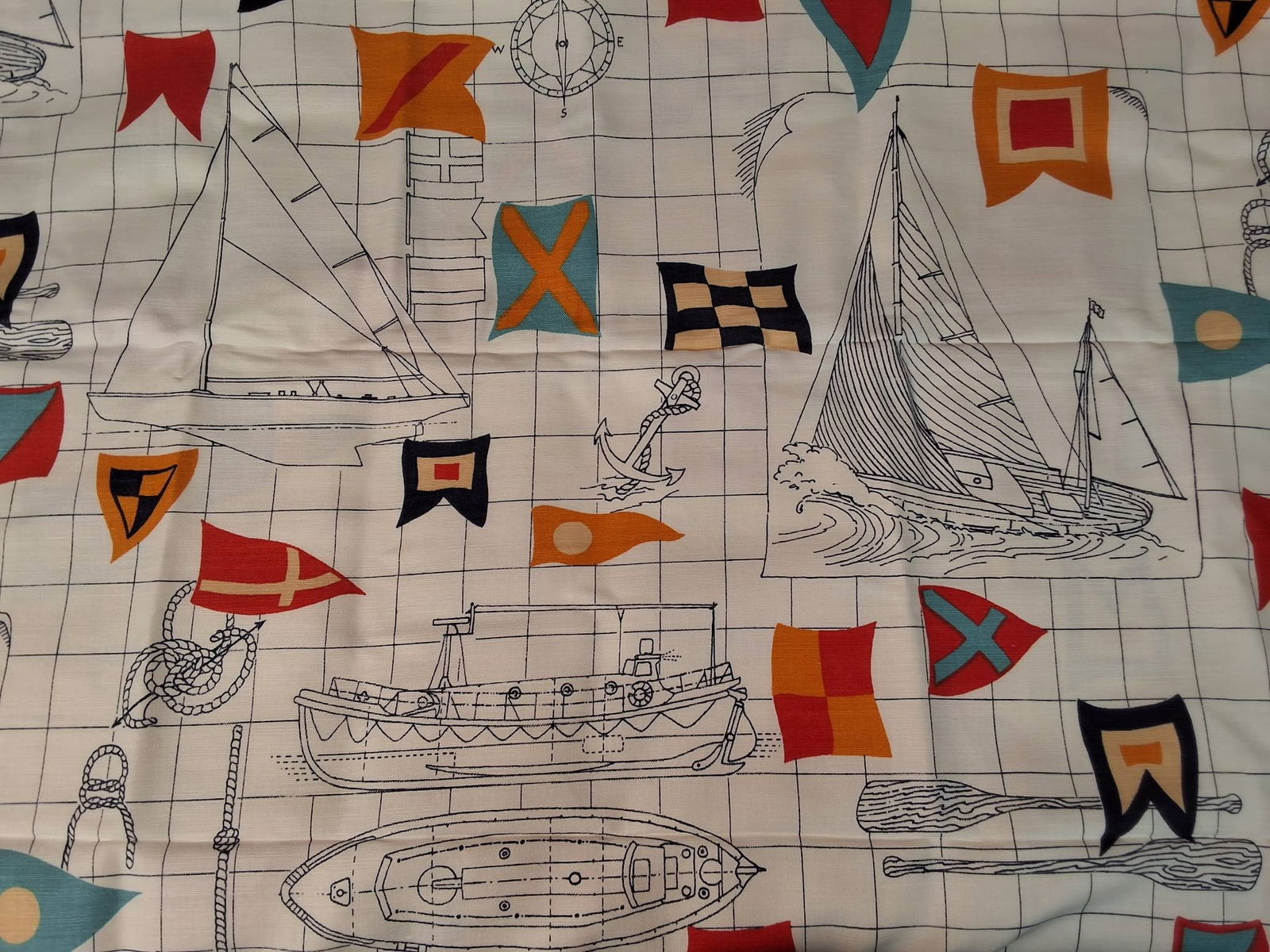 Vintage Cotton Fabric - Full Sail Ahead - Westline: Vintage cotton fabric measuring 55in x 180in with a nautical theme. Features illustrations of various boats, including sailboats and other seafaring vessels, along with anchors, compasses, ropes, padd