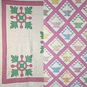 2 Vintage c1930s Quilts  - Oak Leaf and Basket
