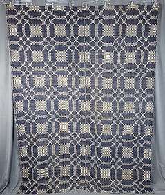 Antique Blue and White Wool Overshot Coverlet