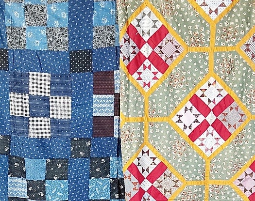 2 Antique Quilt Tops - 9 Patch, Garden Maze: 2 Antique Quilt Tops includes a c1900 9 Pacth Quilt Top, 68 by 80 inches. It is hand pieced. And in good condition with just a few small spots. Along with a c1880 Uneven 9 Patch block consisting of Ev