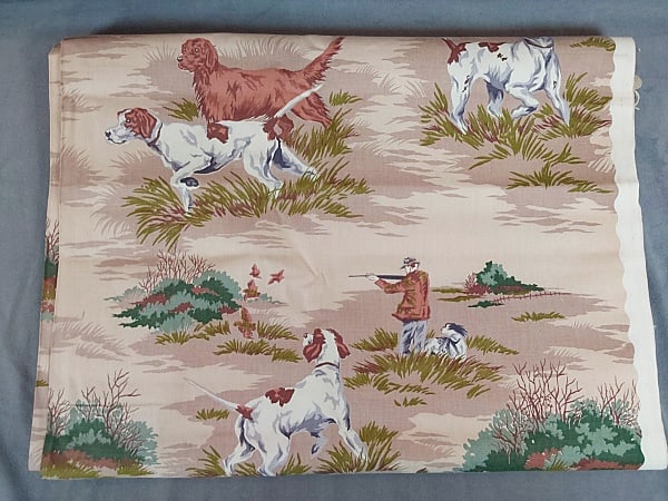 Vintage c1950 Printed Waverly Hunt Fabric: Vintage c1950 Printed Waverly Hunt Fabric. "A bonded Waverly Fabric-Hunt Club" depicting hunting dogs and hunter scene, meausres 264"x48". Great designs for textile inspiration. In overall good condit