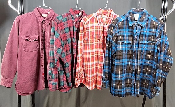 4 Mens Large Button Up Shirts by L.L.Bean: 4 Mens Large Button Down Shirts by L.L.Bean. The lot includes 4 sz large mens button down shirts by L.L.Bean. Featuring 3 plaid flannel shirts in orange/red, green/red, brown/blue colorways. As well a