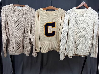 Group of 3 Vintage Mens Wool Sweaters: Group of 3 Vintage Mens Wool Sweaters. The lot includes 3 vintage mens wool sweaters. Featuring a vintage ivory colored wool letterman sweater by Princeton Knitting Mills Sportswear with a large navy