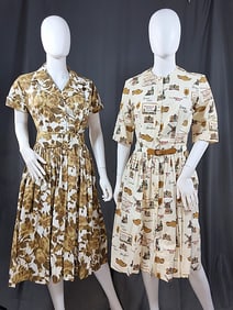 2 1950s Cotton Shirt Waist Dresses - Novelty Prints