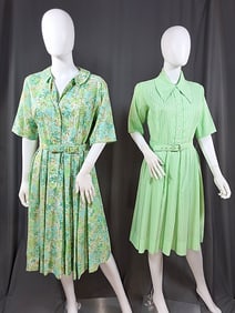2 1950s-60s Cotton Shirt Waist Dresses - Green