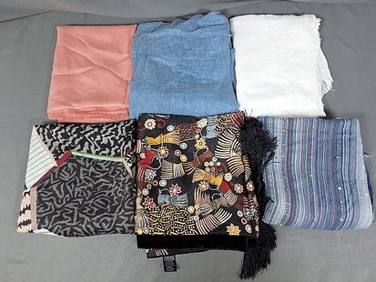 Assortment of 6 Scarves and Shawls: Assortment of 6 Scarves and Shawls. The lot consists of an assortment of six scarves and shawls in cotton, wool, polyester, silk, and acrylic. The measurements are the following (left to right in the