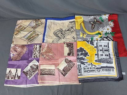 Assortment of 6 Souvenir Scarves: Assortment of Souvenir Scarves. The lot consist of six souvenir scarves. Featured are six souvenir scarves from Sicilia, Farmington, Montreal, and Paris. The measurements are the following (left to ri