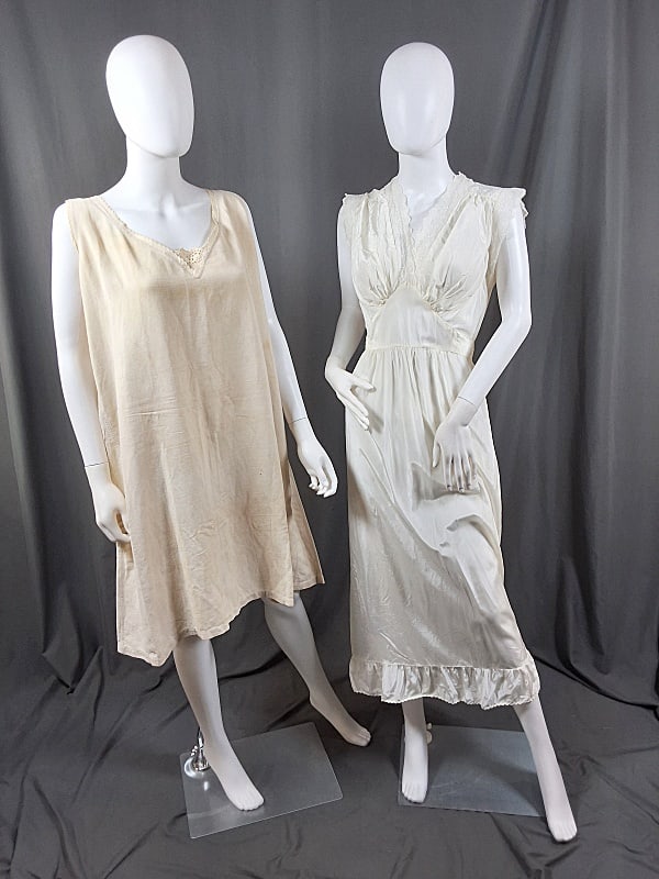 c1940 Acetate and Linen Undergarments: c1940 Acetate and Linen Undergarments. The lot consists of a 1940s acetate slip and a vintage linen camisole. Featured is a c1940 acetate slip dress and a vintage linen undergarment dress. The acetate