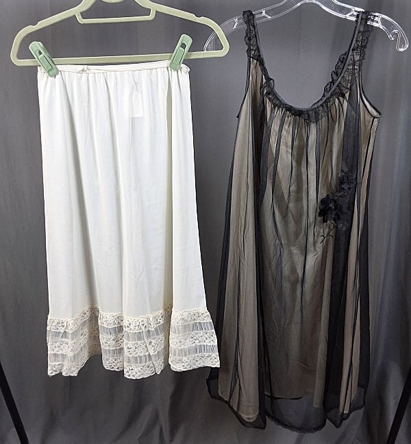 Vintage Nylon Half Slip and Slip Dress c1960s: Vintage Nylon Half Slip and Slip Dress c1960s. The lot consists of a nylon half slip and a nylon slip dress. Featured are two pieces from the 1960s which are a nylon half slip and a XSmall slip dress.