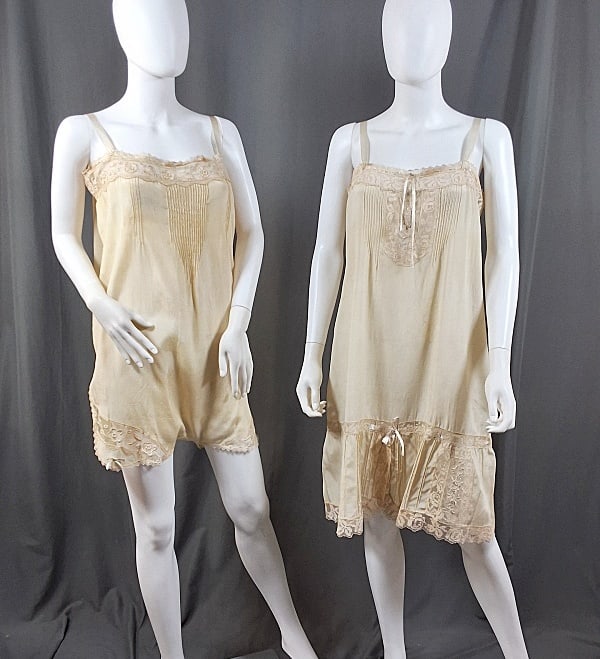 Antique 1920s Slip and Romper: Antique 1920s Slip and Romper. The lot consists of an antique sleeveless slip and romper c1920s. Featured are an antique slip and romper c1920s with lace and a ribbon along the bust and straps. There 