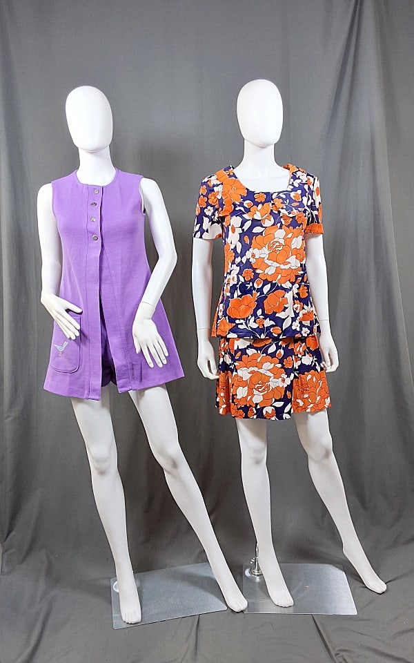 c1960 Hot Pants Shorts and Skirt Sets - Retro: c1960 Hot Pants Shorts and Skirt Set. The lot consists of vintage c1960 hot pants shorts and skirt sets with one being a solid print and the other featuring a floral design. The hot pants shorts set f