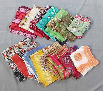 Assortment of 15 Vintage Scarves: Assortment of 15 Vintage Scarves. The lot consists of 15 printed vintage scarves. Featured are 15 printed vintage scarves that showcase various figural depictions on varying colored backgrounds. The s