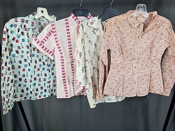 4 Vintage c1960 Patterned Shirts: Four Vintage c1960 Patterned Shirts. The lot features four vintage c1960 patterned shirts. Featured are four vintage c1960 patterned shirts with coffee makers, butterflies, flowers, and golfers. There