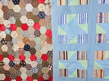 2 Antique Quilt Tops - Hexagons, Pinwheel