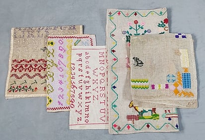 5 Vintage Embroidered Samplers - Unframed