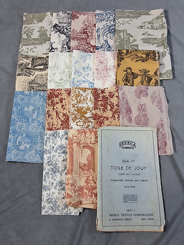 Vintage 20th Century Toiles and Sample Book: Vintage 20th Century Toiles and Sample Book. There are 17 pieces of monochromatic toiles cotton and 6 monochromatic toile cottons in the sample book. The sample book is from Seneca Fabrics and the pie