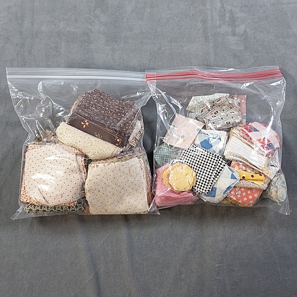 Antique and Vintage Fabric Scraps: Antique and Vintage Fabric Scraps. There are two bags included in this lot with one being dedicated to antique 19th century fabric and another one dedicated to vintage 20th century fabrics. The antiqu