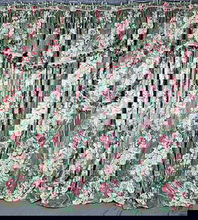 Pair Curtains with Valance - Cabbage Roses: Pair of Vintage Curtains and a Valance, greenish grey with large pink and red cabbage roses and green leaves, lined with a solid white cotton and a floral print. (2) 46x104 and (1) 96x53". Valance edg