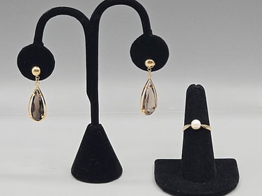 14K Smoky Quartz Earrings and Pearl Ring